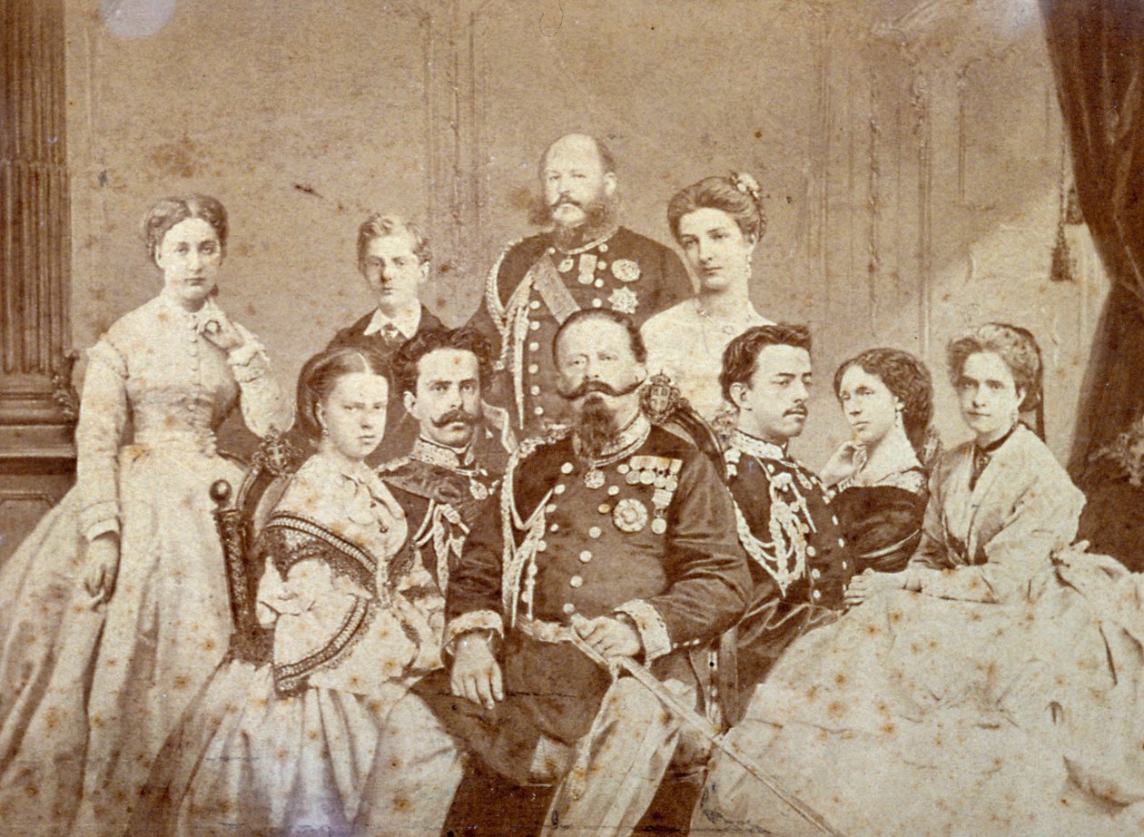 A imagem retrata vários membros da família real de Saboia. Ao centro, sentados, Victor Emmanuel II, Umberto I e Amedeo em traje completo; as filhas do soberano e Elisabetta da Saxónia em trajes elegantes. Em segundo plano, ao fundo de Luigi Montabone