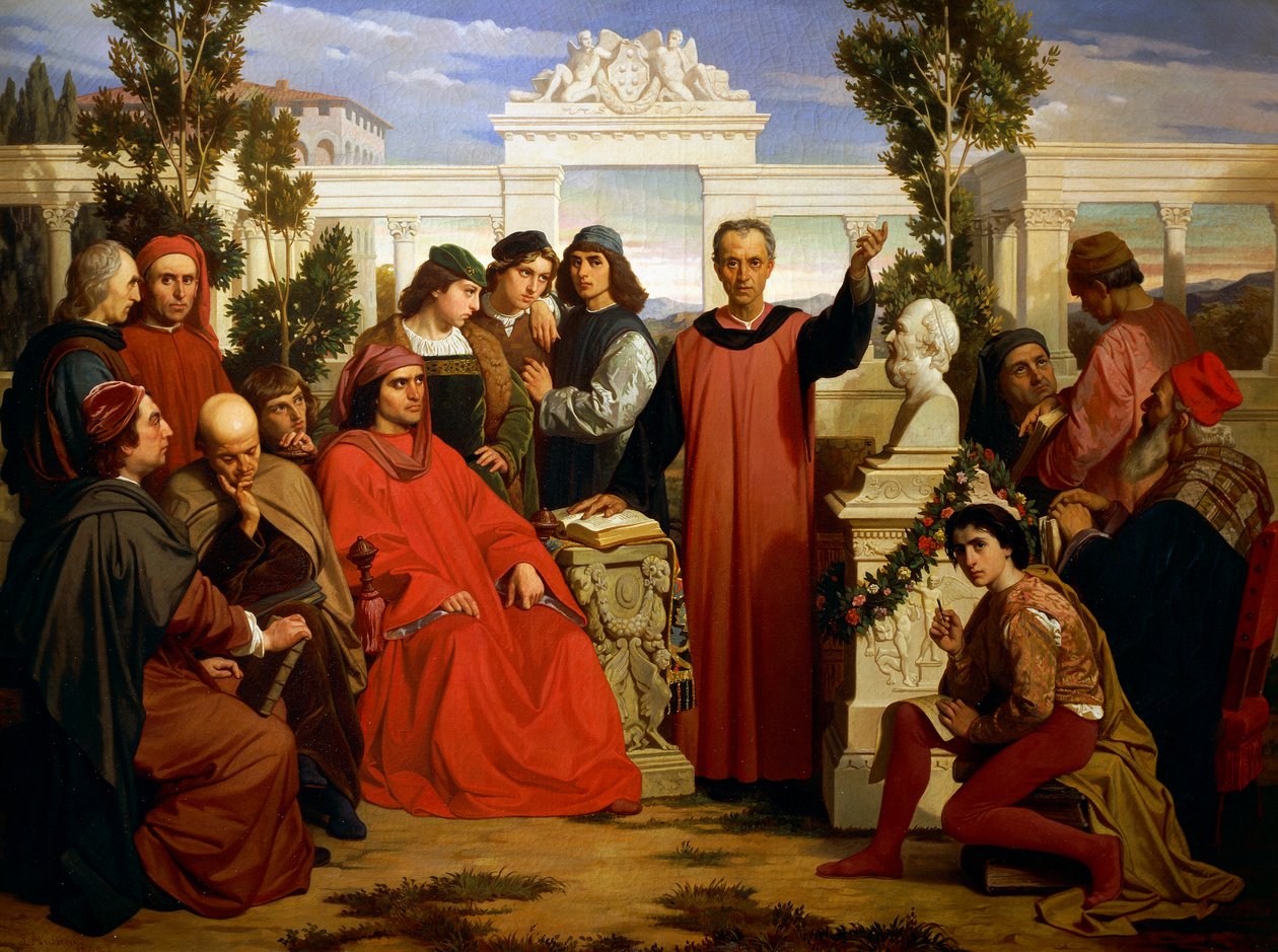Aniversário e parentalidade de Platão (428 AC-348 ou 427 ou 347 AC), celebrado na Villa di Careggi por Lorenzo Magnificent de Luigi Mussini