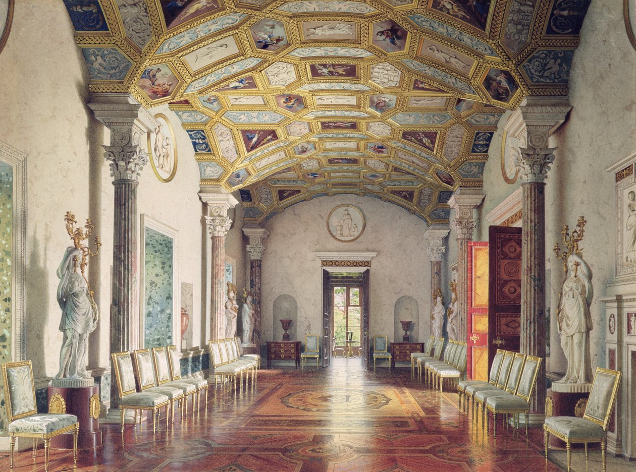 O Grande Ágata Hall no Palácio de Catarina em Tsarskoye Selo, 1859 (wc e cor branca sobre papel) de Luigi Premazzi
