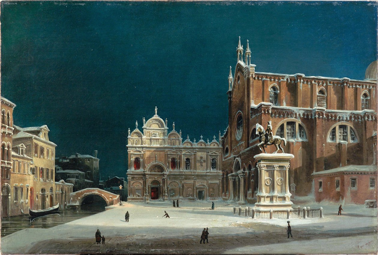 Uma vista noturna do Campo dei Santi Giovanni e Paolo, 1850. de Luigi Querena