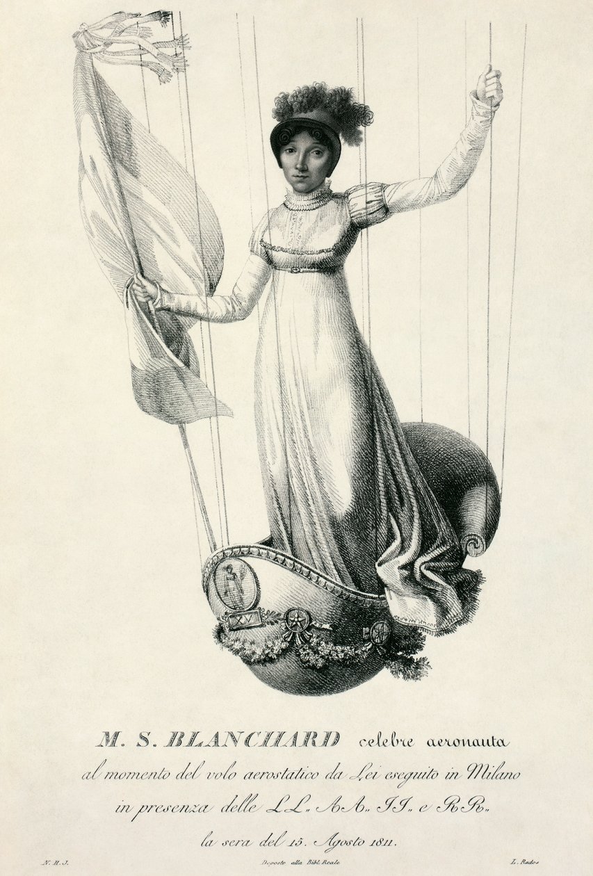 Retrato da balão francesa Sophie Blanchard durante seu voo em Milão, Itália, 1811 de Luigi Rados