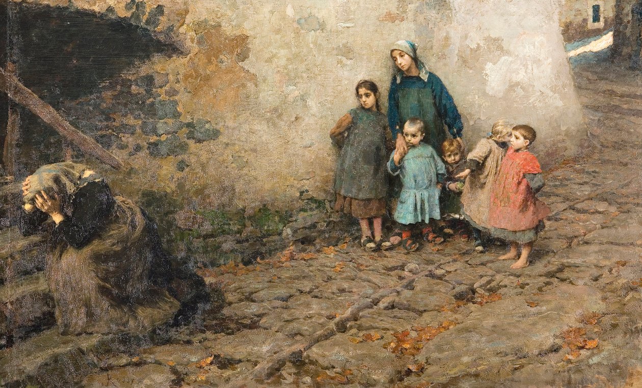 A escola da dor Crianças a ver a mãe a chorar Pintura de Luigi Rossi (1853-1923) 1895 Coleção particular de Luigi Rossi