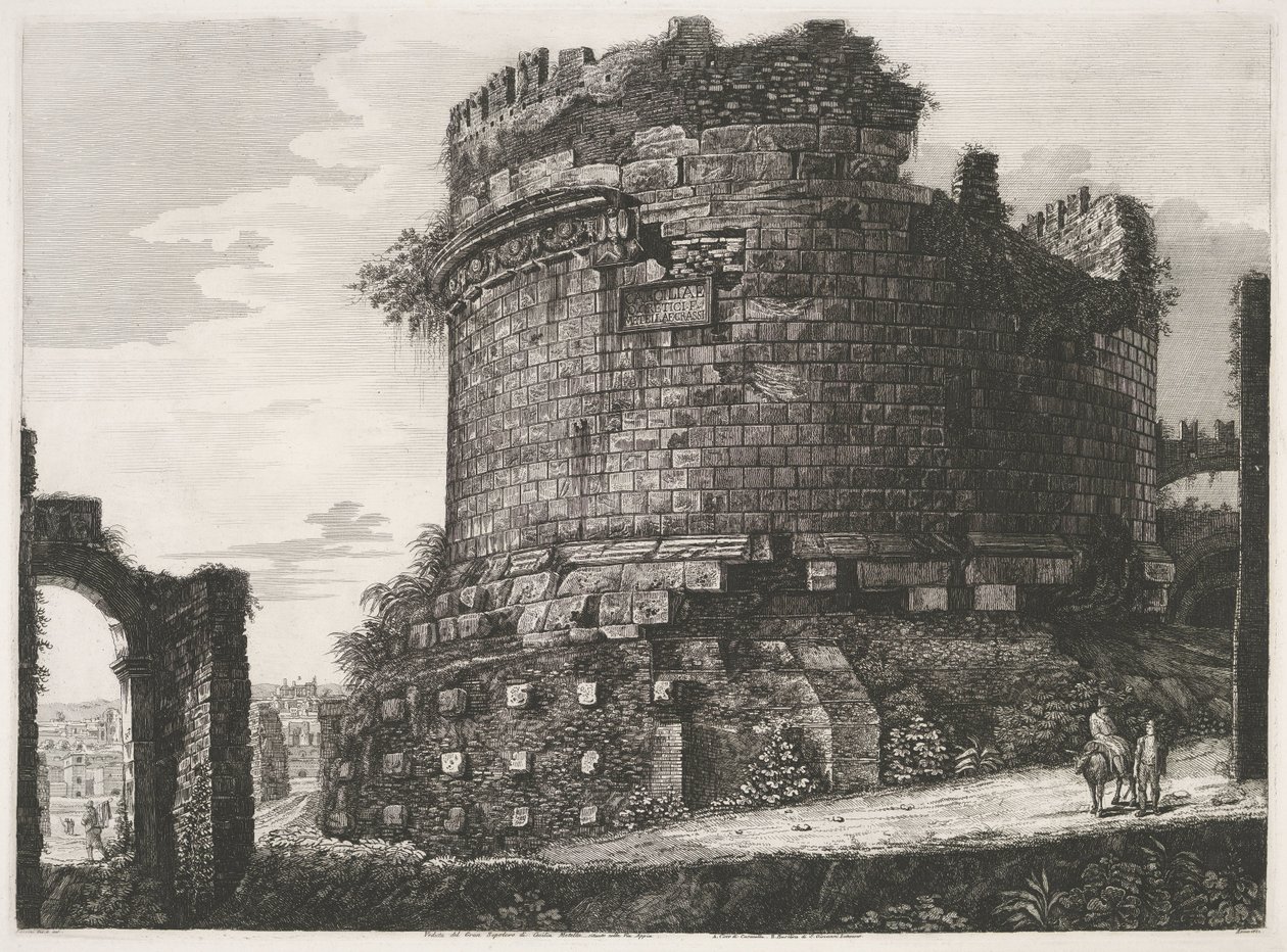 Tombe van Caecilia Metella em Roma Vista do Grande Sepulcro de Cecilia Metella localizado na Via Appia (título no objeto) de Luigi Rossini