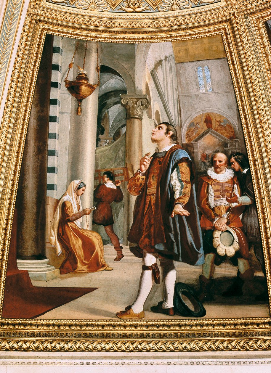 Galileu Galilei vendo o candelabro balançar para frente e para trás na Catedral de Pisa 1582 de Luigi Sabatelli