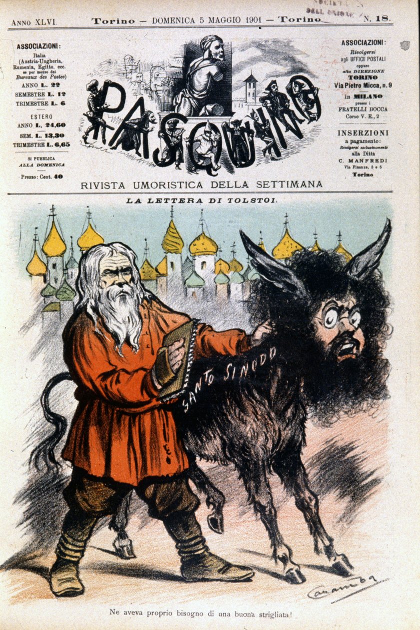 Cartoon on Tolstoy de Luigi Sapelli Caramba (1865-1936) sobre a carta enviada por Tolstoy à Santa Sé. Capa do Pasquino de 05/05/1901. de Luigi Sapelli Caramba