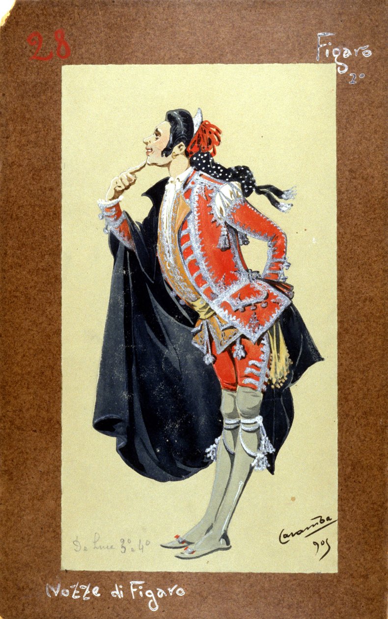 Representação do personagem de Figaro, "O Casamento de Figaro" (Nozze di Figaro) de Wolfgang Amadeus Mozart de 1786. Traje de Luigi Sapelli Caramba (1865-1936) de Luigi Sapelli Caramba