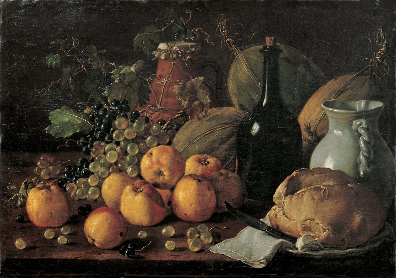 Ainda vida com maçãs, uvas, melões, pão, jarro e garrafa de Luis Egidio Melendez