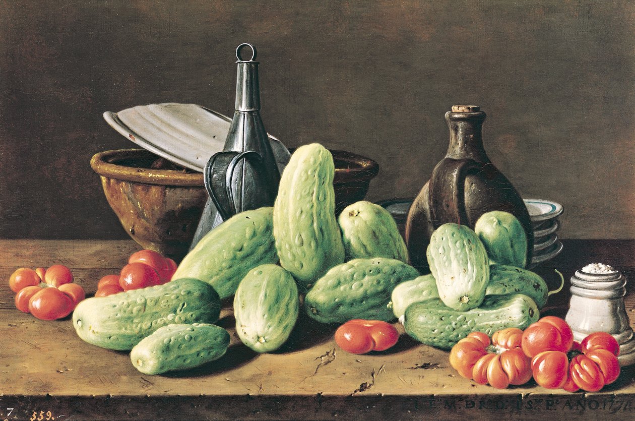 Ainda vida com pepinos e tomates de Luis Egidio Melendez