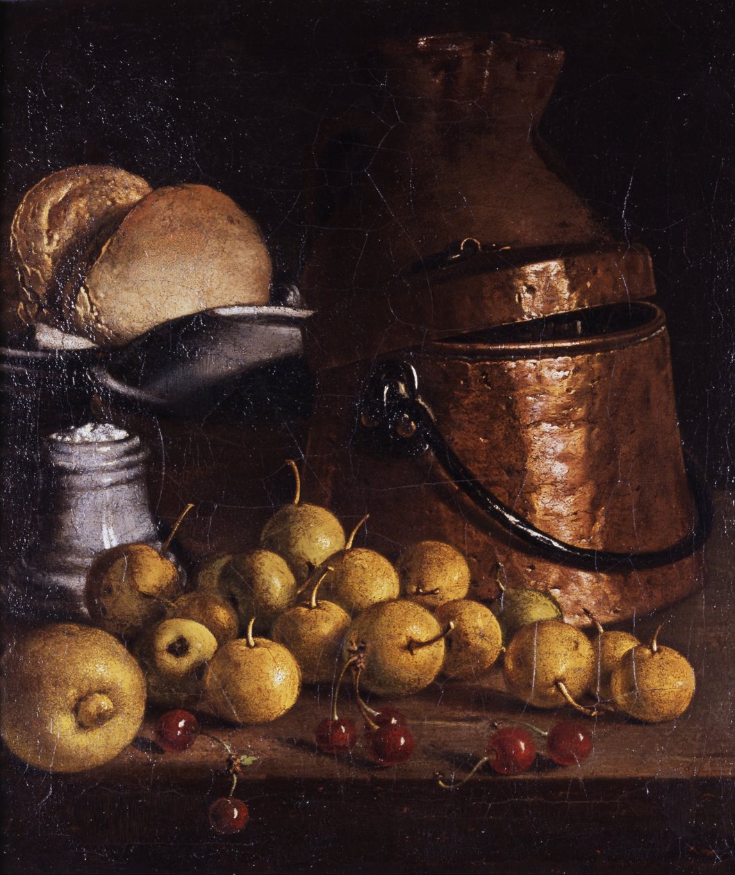 Ainda vida com frutas e utensílios de cozinha de Luis Egidio Melendez