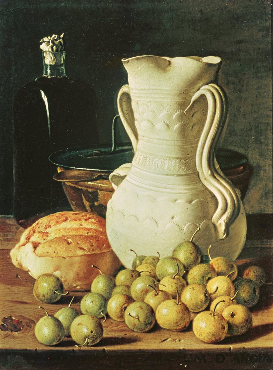 Ainda vida com pão, greengages e jarro de Luis Egidio Melendez
