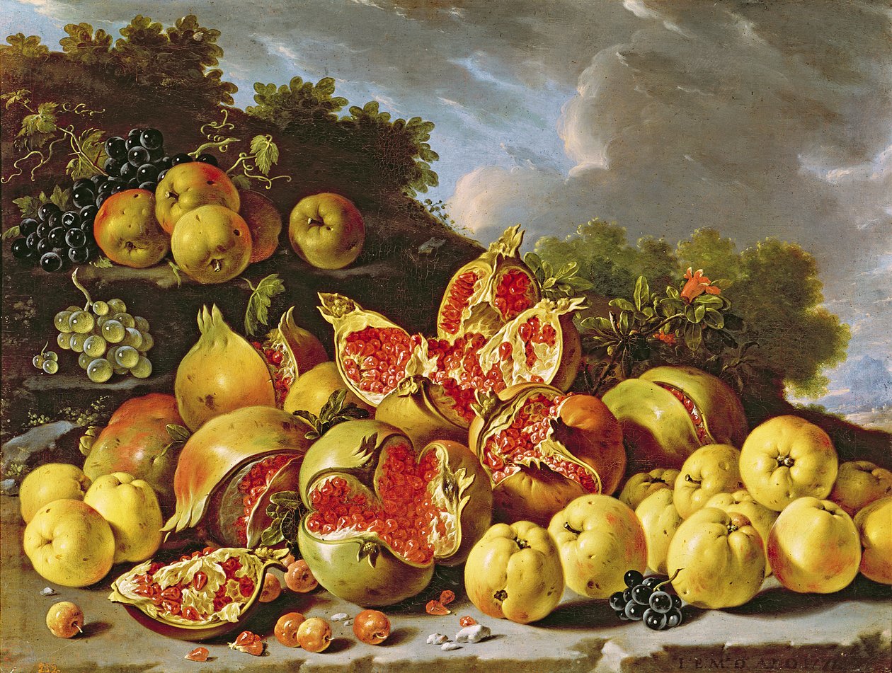 Ainda vida com romãs, maçãs, cerejas e uvas de Luis Egidio Melendez