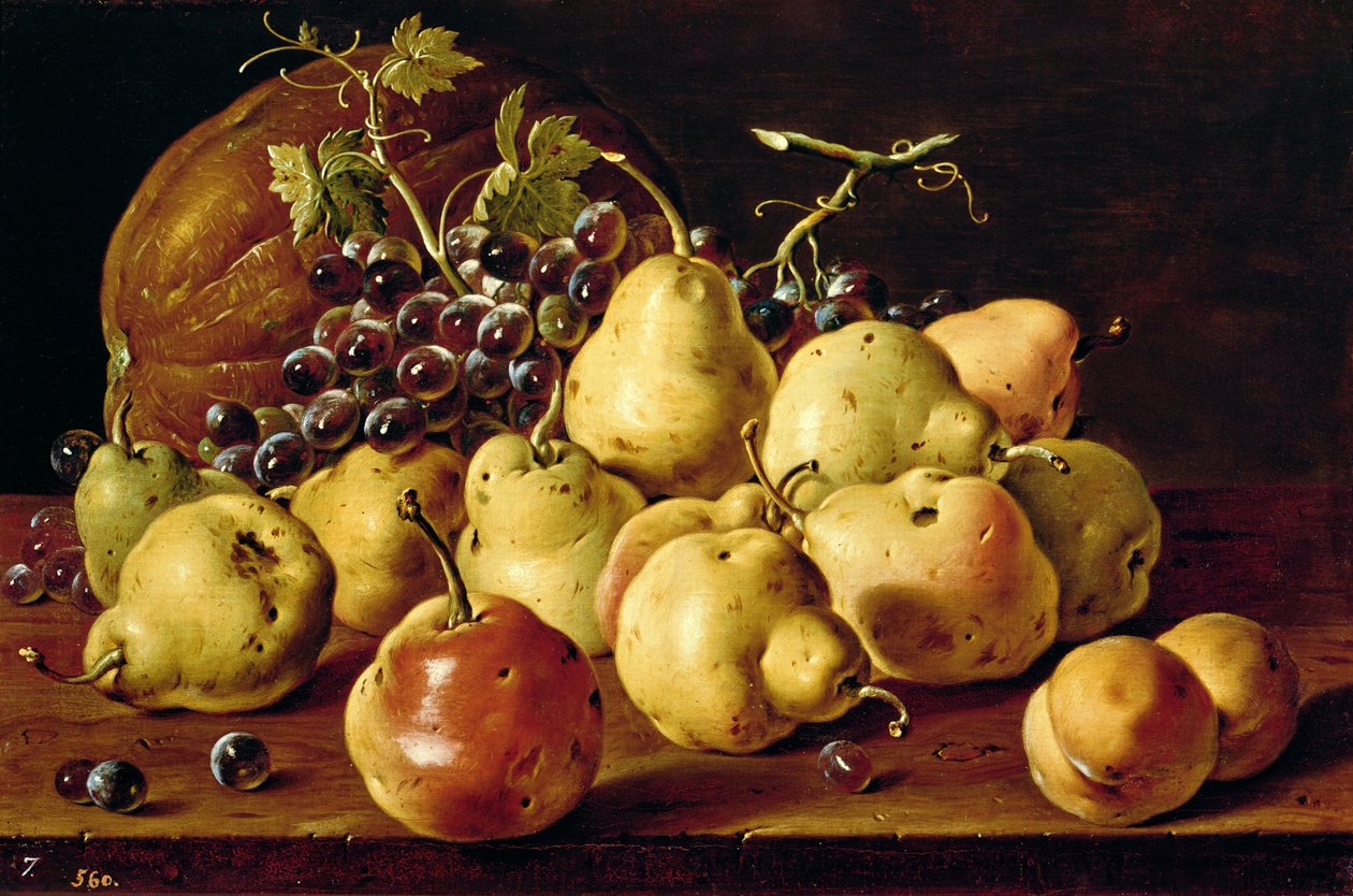 Ainda vida com marmelos, pêssegos, uvas e abóbora de Luis Egidio Melendez