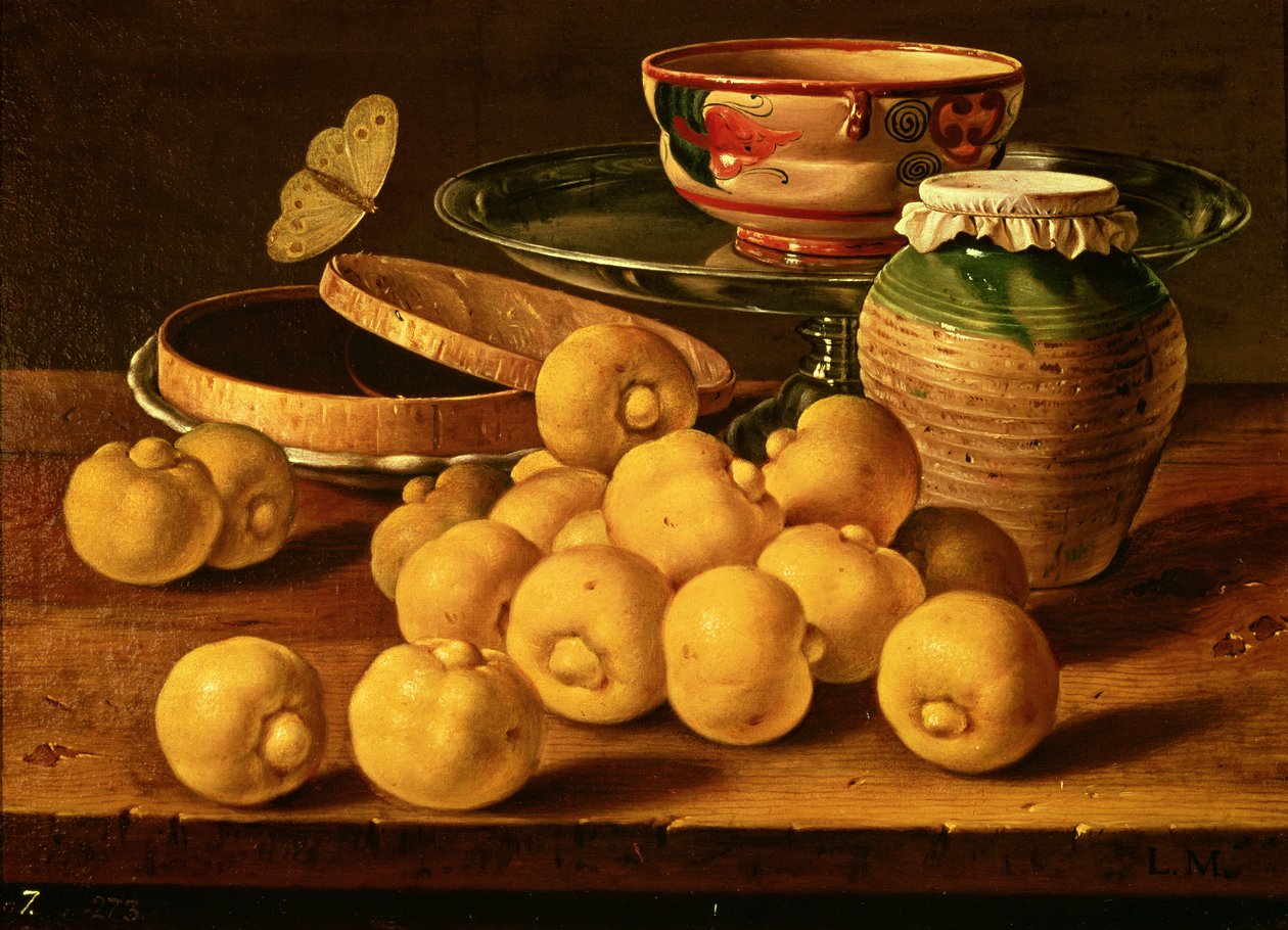 Ainda vida com marmelos, um prato de frutas de prata, tigelas. uma caixa para doces e uma borboleta de Luis Egidio Melendez
