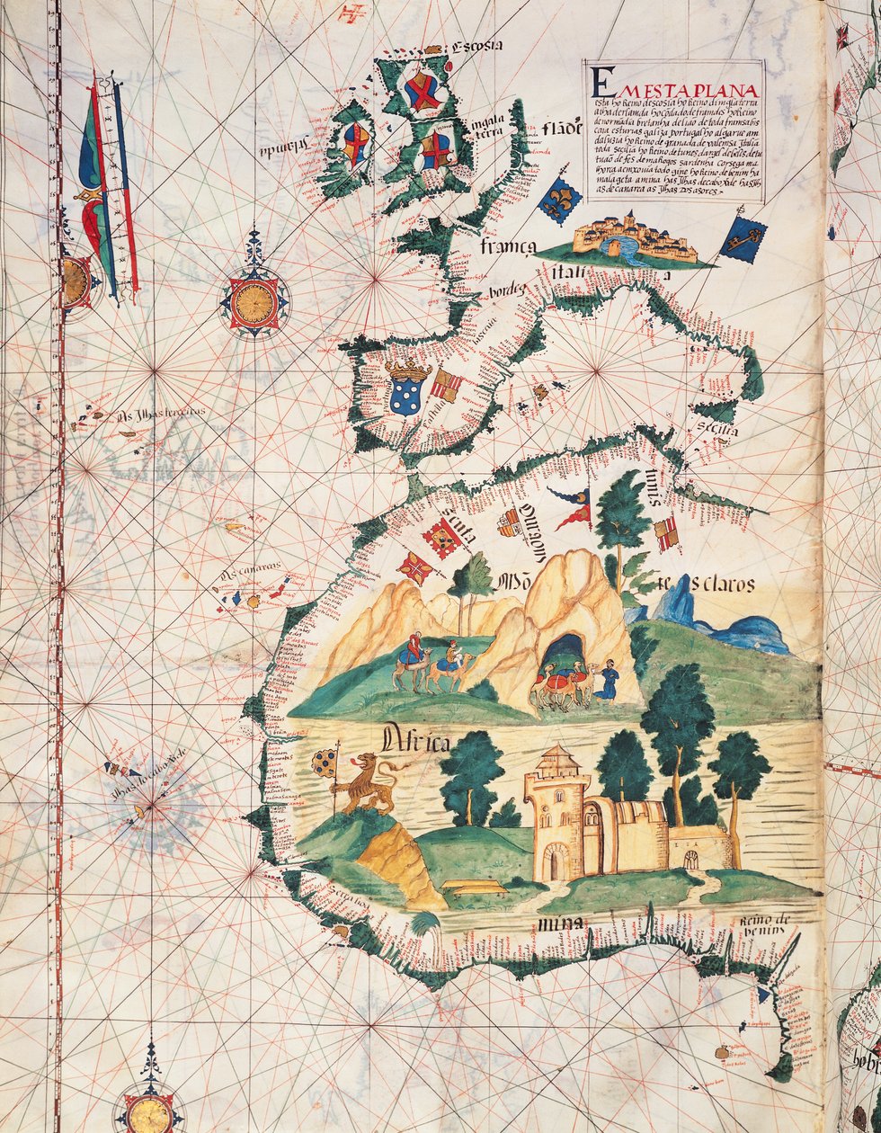 Fol.5v Mapa da Grã-Bretanha, Europa e Noroeste da África, da Portugaliae Monumenta Cartographica, um relato das descobertas de Fernão Gomez de 1470-75, 1563 de Luis Lazaro