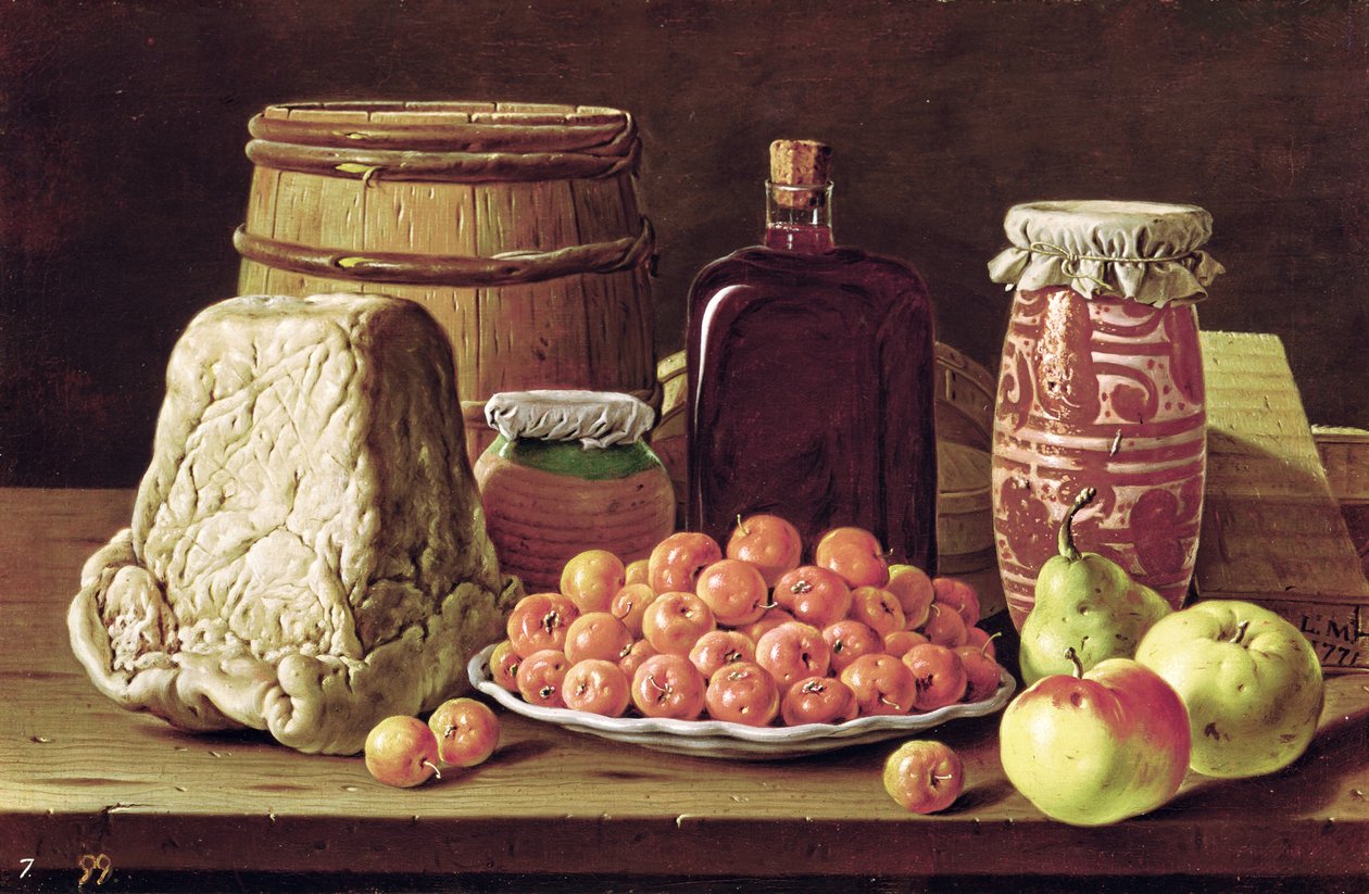 Ainda vida com frutas e queijo de Luis Menendez or Melendez