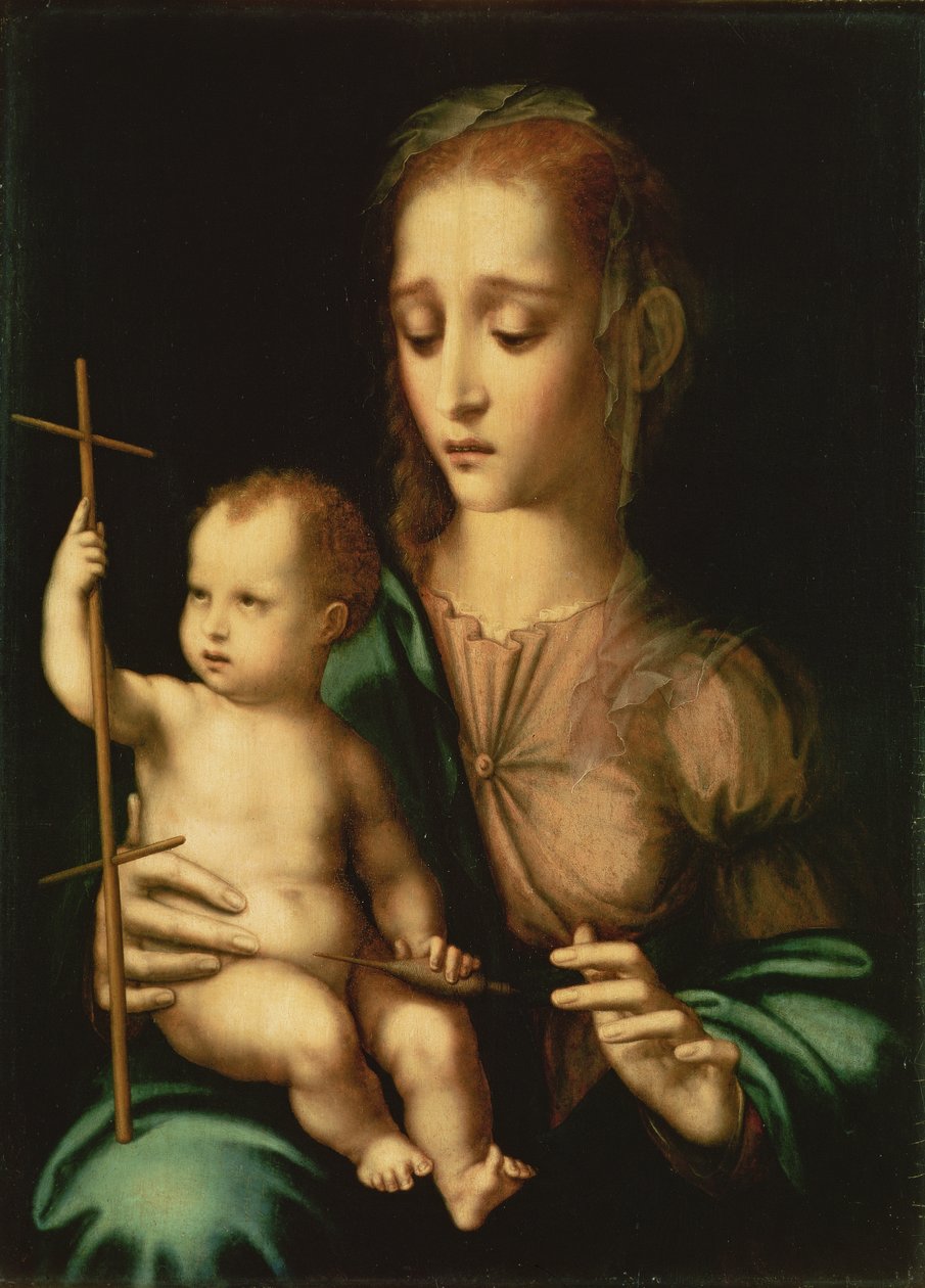 Madonna e Child with a Distaff, 1570s (óleo sobre tela transferido do painel) de Luis de Morales