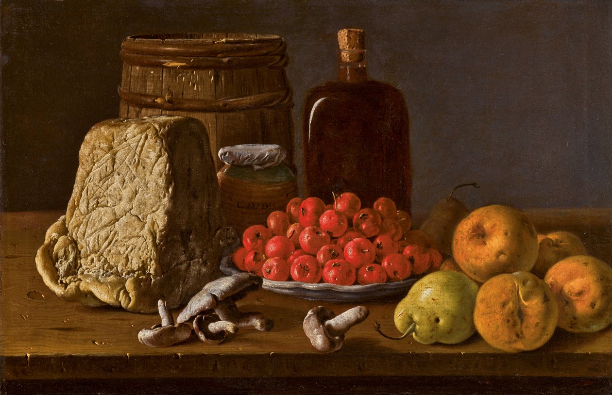 Natureza morta com um prato de azaroles, frutas, cogumelos, queijo e recipientes. de Luis Egidio Melendez
