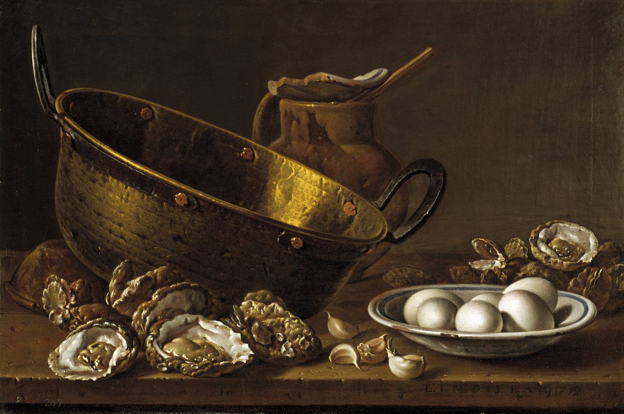 Natureza morta com ostras, alho e ovos, 1772 de Luis Egidio Melendez