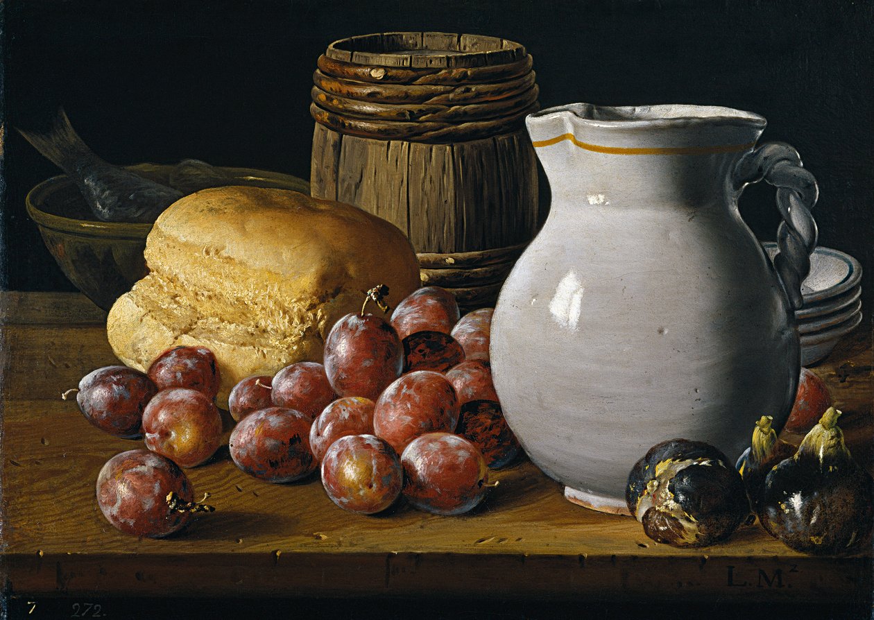 Natureza morta com ameixas, figos, pão e jarro par Melendez, Luis Egidio (1716-1780), Segunda Metade do século XVIII - Óleo sobre tela, 35x48 - Museo del Prado, Madrid de Luis Egidio Melendez