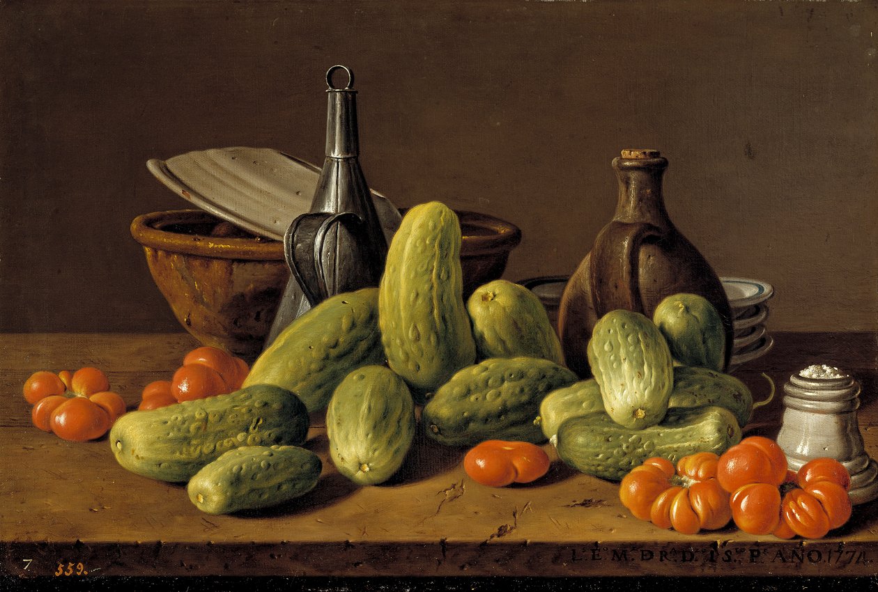 Espanhol: Bodegón con pepinos, tomates y recipientes Natureza morta com pepinos, tomates e recipientes de Luis Egidio Melendez