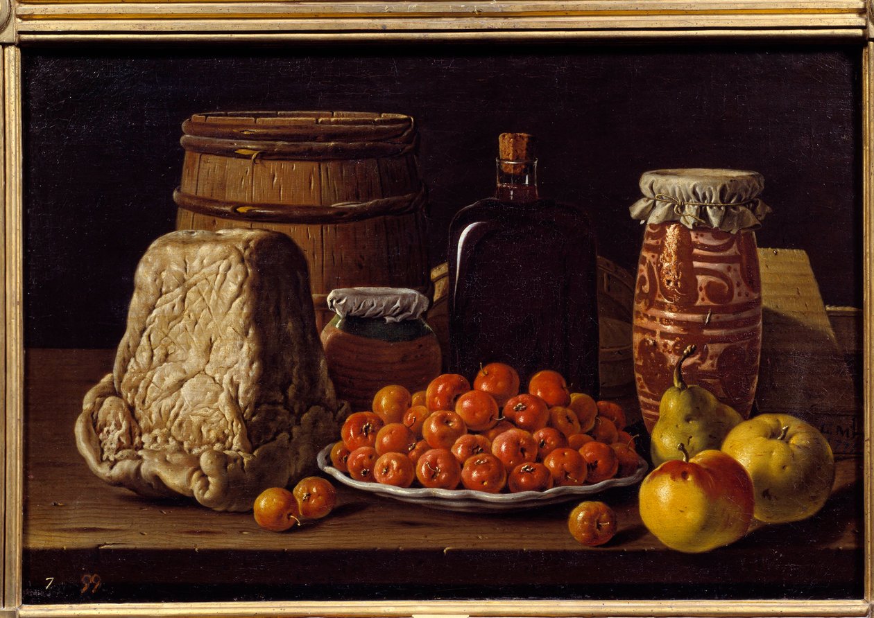 Queijo, fruta e recipiente. Pintura de Luis Melendez (1716 - 1780), escola de espanhol de Luis Egidio Menendez or Melendez