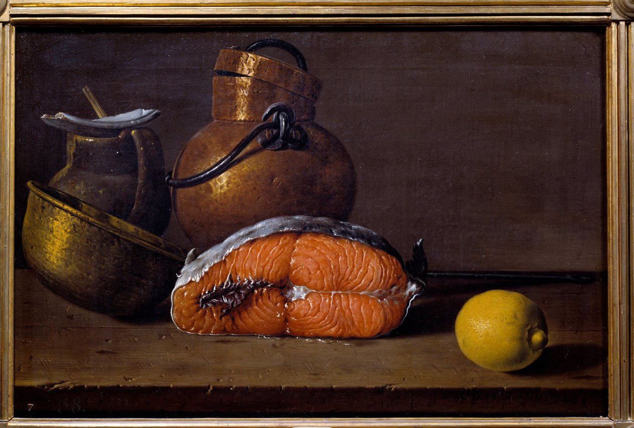 Uma fatia de salmão, um limão e utensílios. Pintura de Luis Melendez (1716 - 1780), escola de espanhol de Luis Egidio Menendez or Melendez