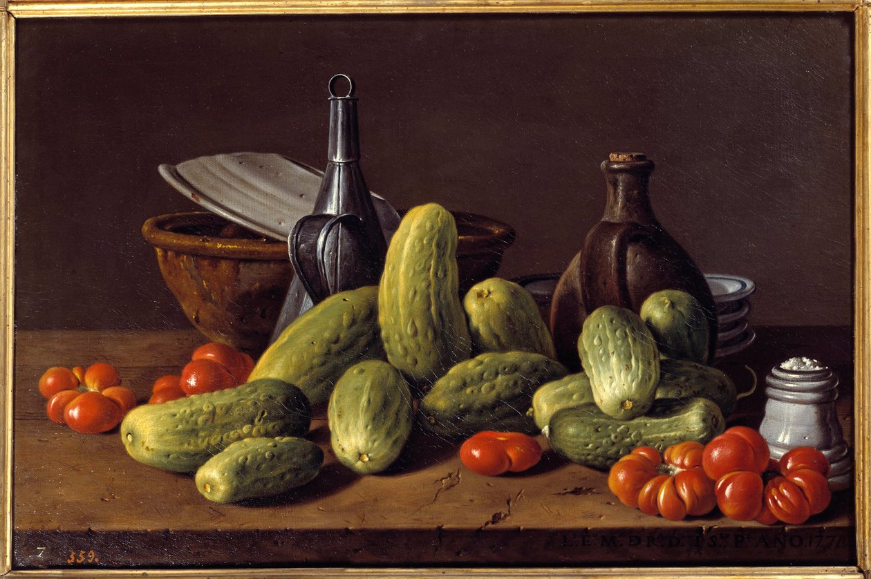 Natureza morta: pepinos, tomates e recipientes. Pintura de Luis Melendez (1716 - 1780) de Luis Egidio Menendez or Melendez