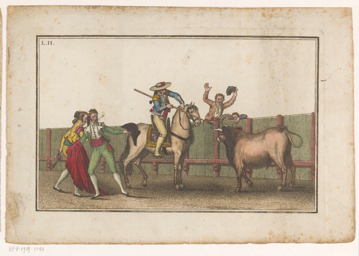 Picador aponta a sua lança para um touro
Coleccion de las principales suertes de una corrida de toros (título da série)
Colecção das manobras mais importantes na tourada (título da série) de Luis Fernandez Noseret
