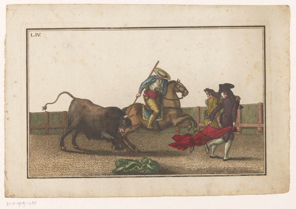 Picador empurra a sua lança para dentro de um touro
Coleccion de las principales suertes de una corrida de toros (título da série)
Colecção das manobras mais importantes na tourada (título da série) de Luis Fernandez Noseret