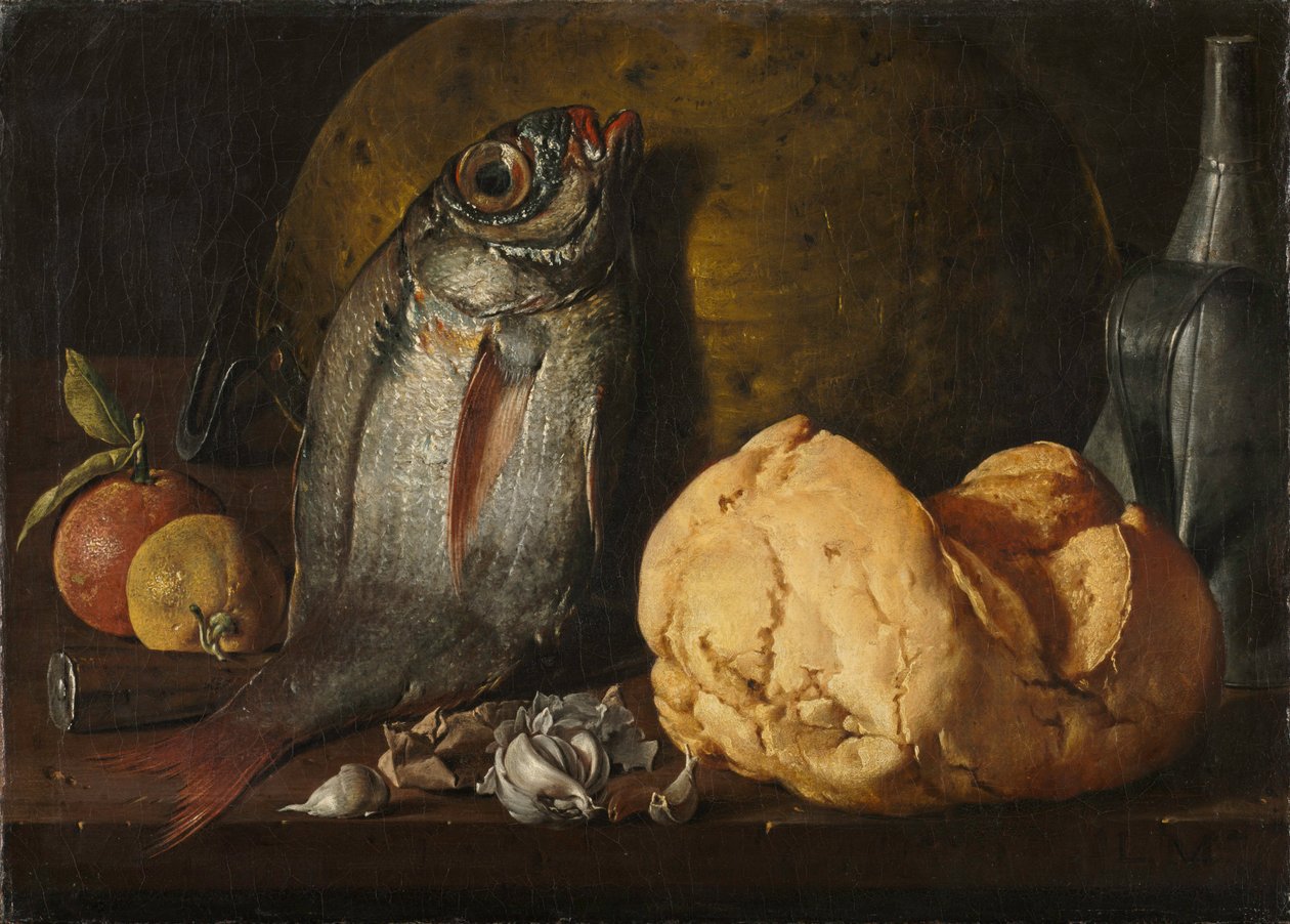 Ainda vida com peixe, pão e chaleira, c. 1772 de Luis Egidio Melendez