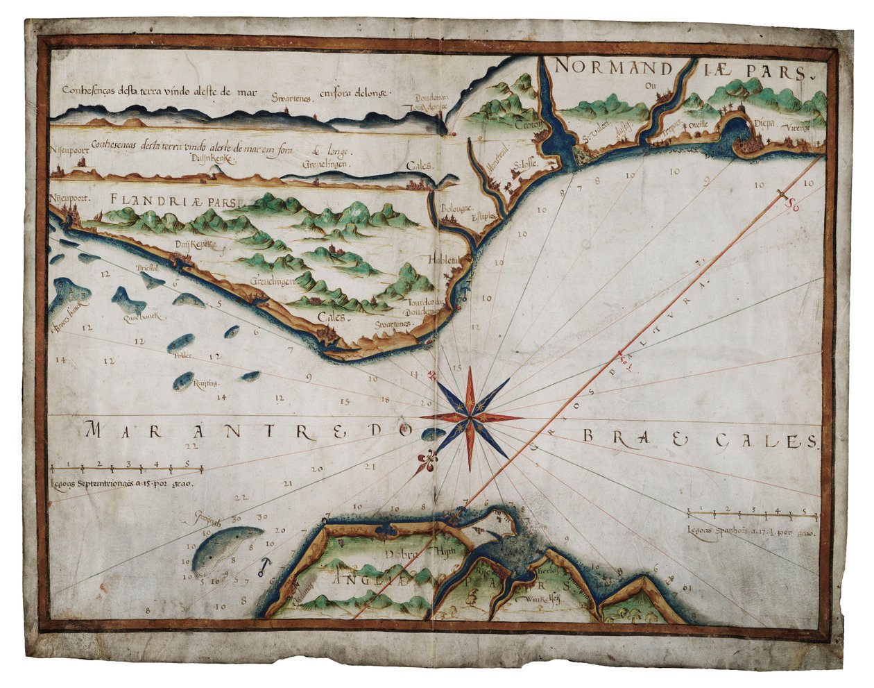 Carta do Estreito de Dover, c.1587-88 (aguarela sobre velino) de Luis Teixeira