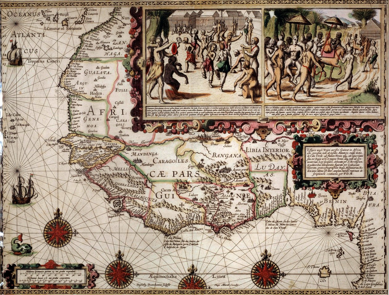 Mapa geográfico da Guinee feito pelo cartógrafo Luis Teixera (ou Teixeira), aproximadamente 1586. No canto superior direito, representação de uma cena de dança entre os indígenas (africanos). de Luis Teixeira