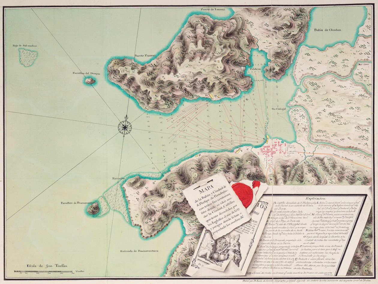 Mapa da baía e da cidade de S. Phelipe de Portobelo de Luis de Surville