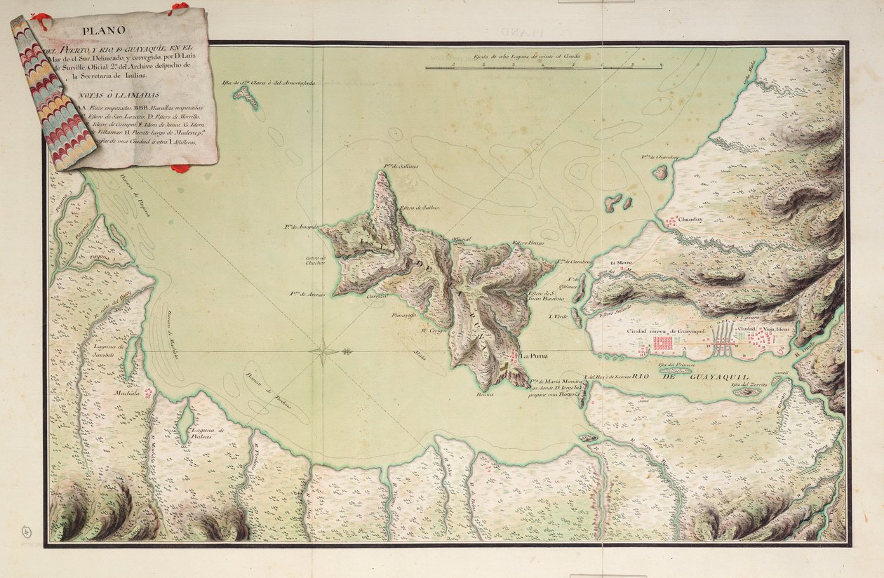 Mapa do Porto e do Rio Guayaquil no Mar do Sul de Luis de Surville