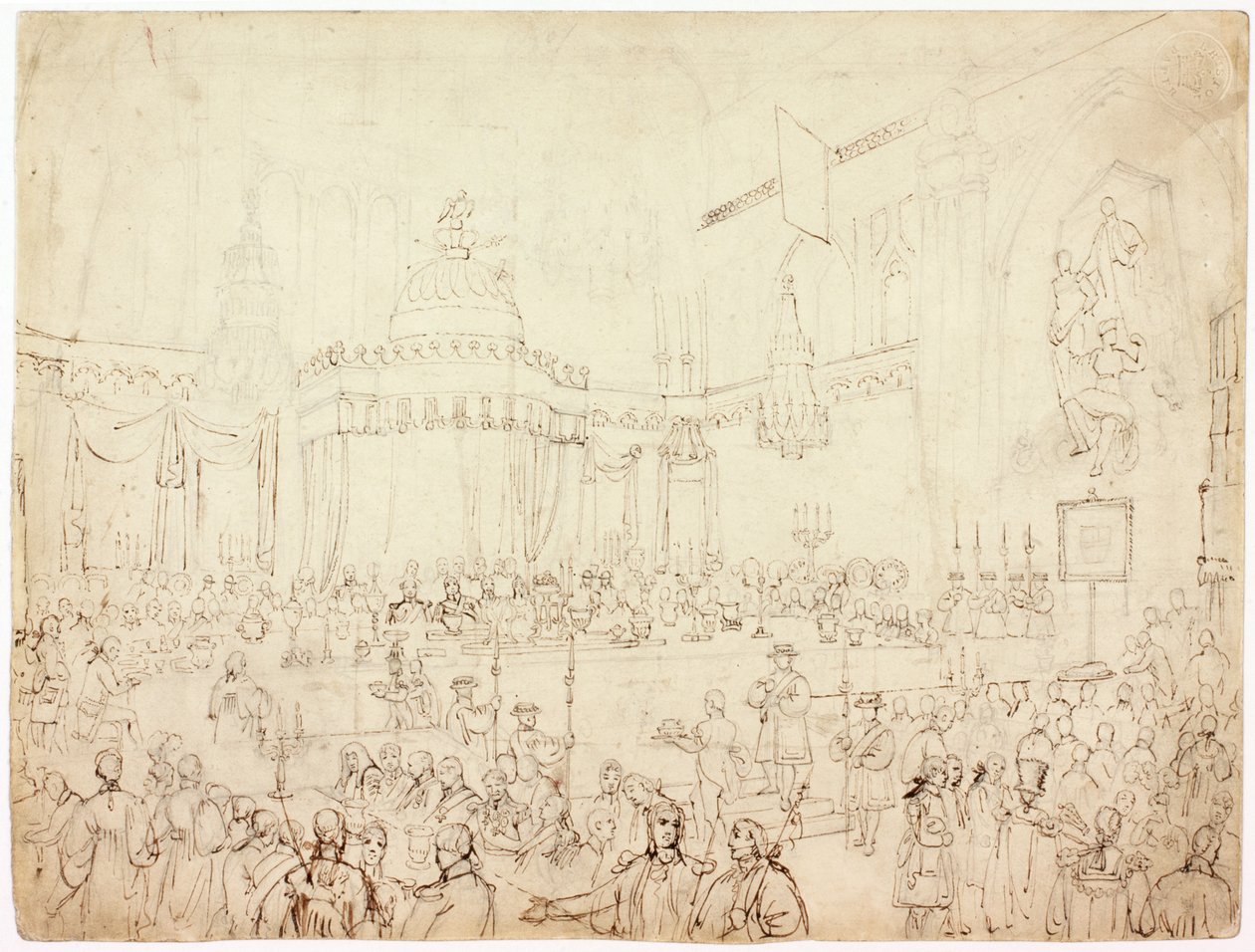 Estudo para o banquete dos soberanos aliados no The Guildhall, Londres (tinta) de Luke Clennell