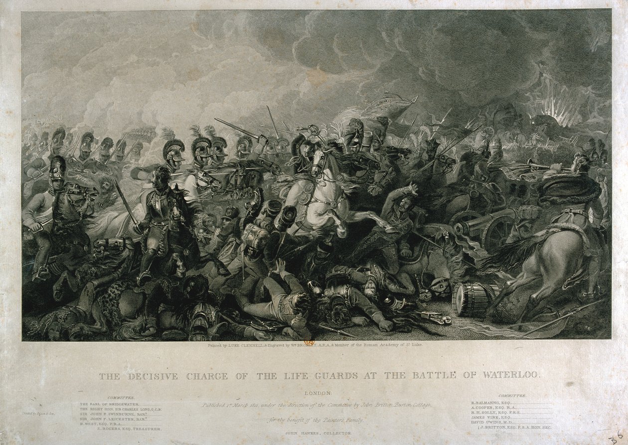 A Carga Decisiva dos Guardas da Vida em Waterloo em 1815, gravada por William Bromley, 1821 (gravura colorida à mão) de Luke Clennell