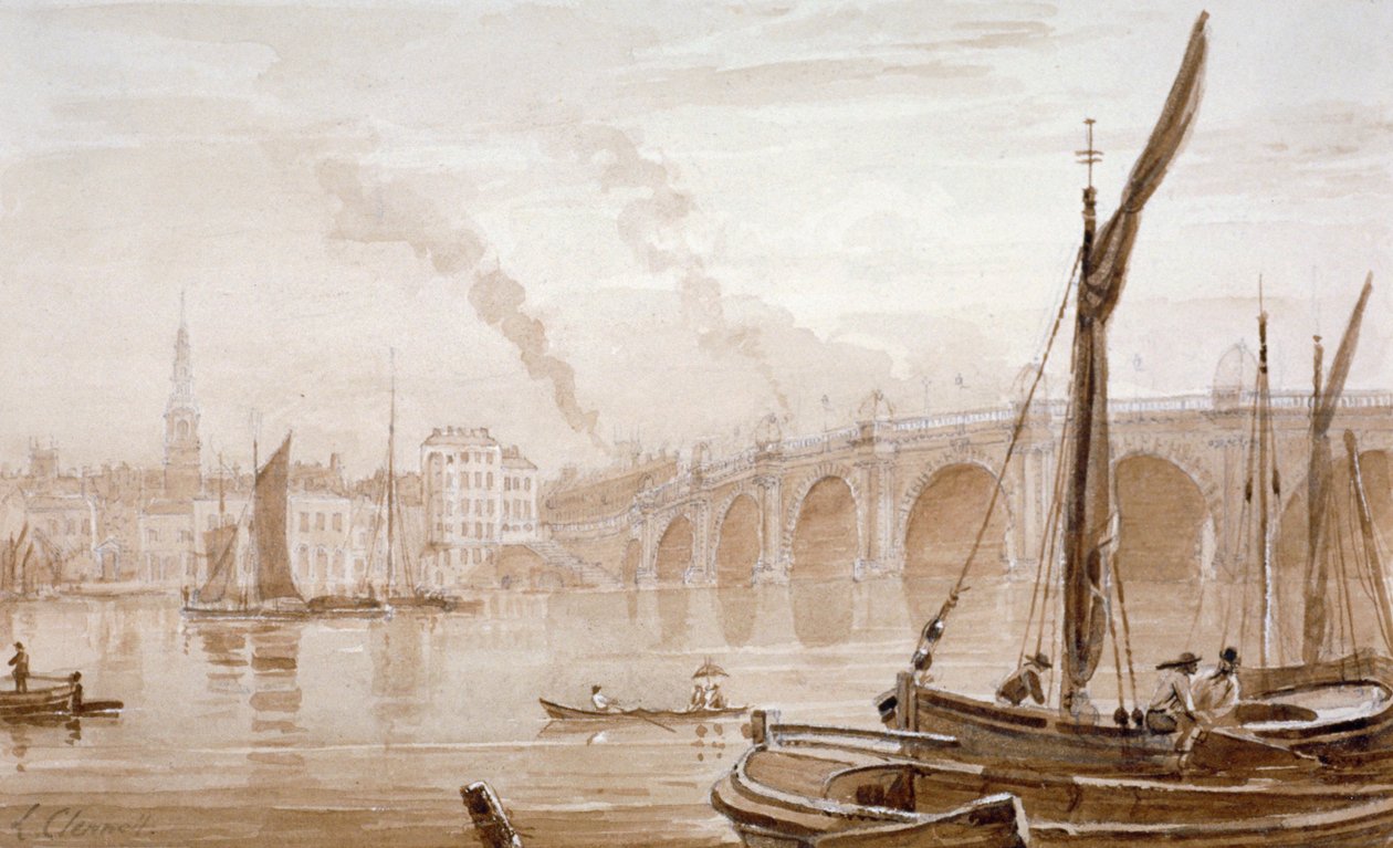 Vista da Ponte Blackfriars da costa de Surrey, com barcos em primeiro plano, Londres, c1825 de Luke Clennell