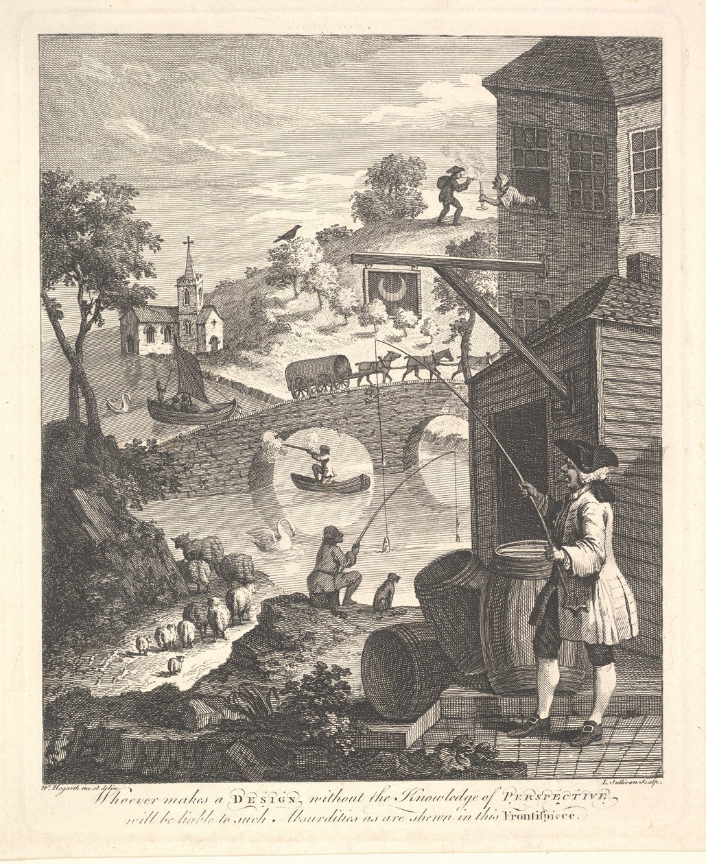 Sátira na Perspectiva Falsa: Frontispício da Perspectiva Kirbys, fevereiro de 1754. de Luke Sullivan