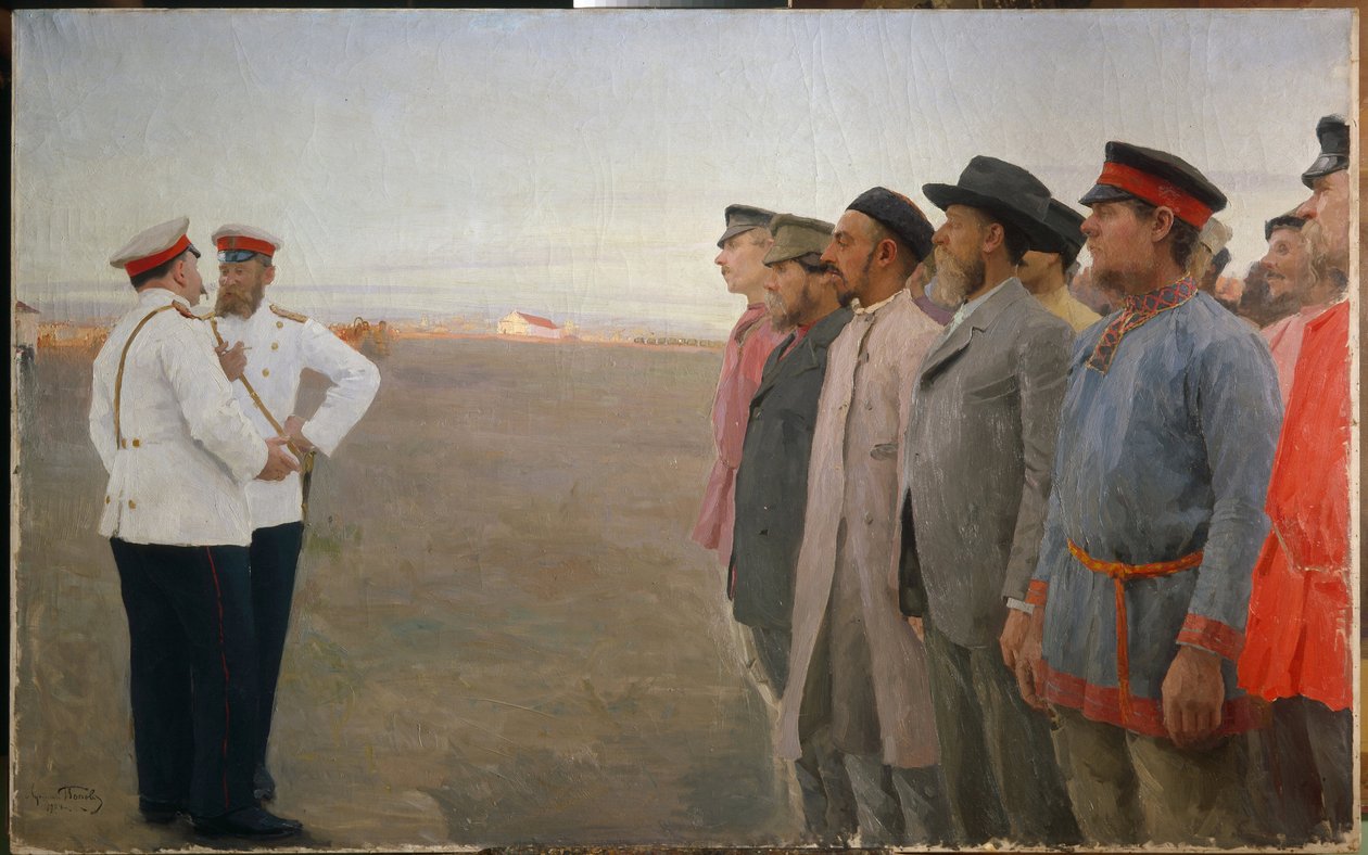 Recrutamento - Pintura de Lukian Vasilyevich Popov (1873-1914), óleo sobre tela de Lukjan Vasilievich Popov