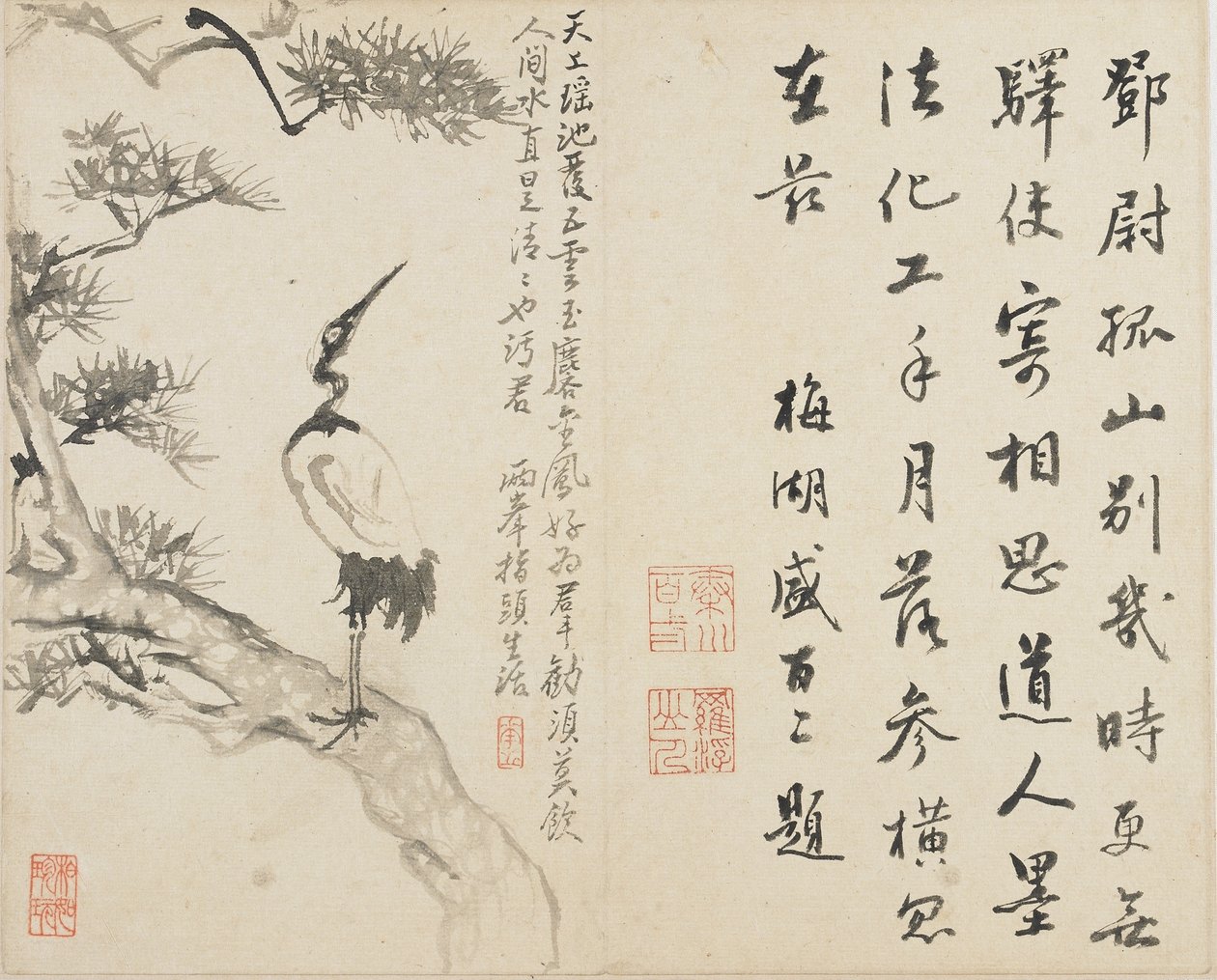 Paisagens, Flores e Pássaros: Guindaste sobre pinheiros, Dinastia Qing, 1780 (tinta sobre papel) de Luo Ping