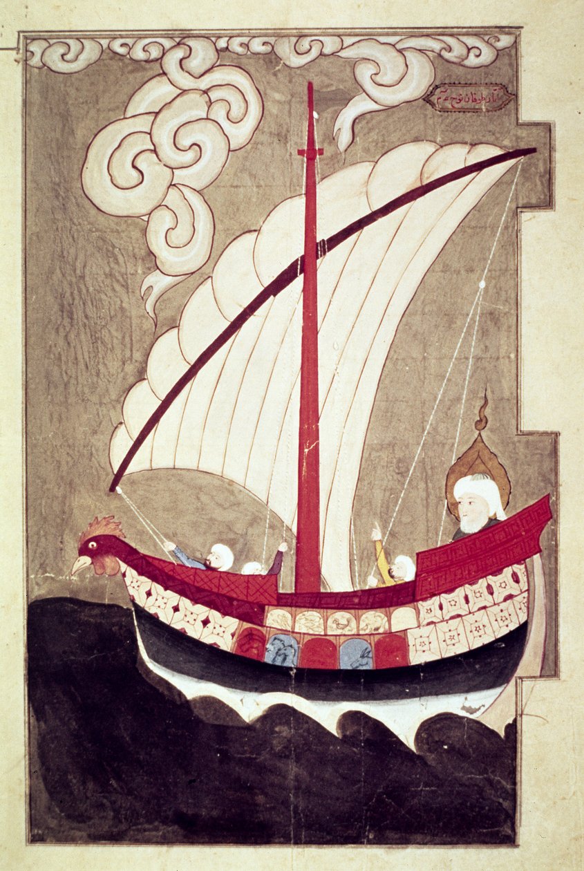 Noah Sailing em sua arca, de Zubdat al Tavarikh, concluída após 1583 (iluminação) de Luqman i Ashur Luqman i Ashur