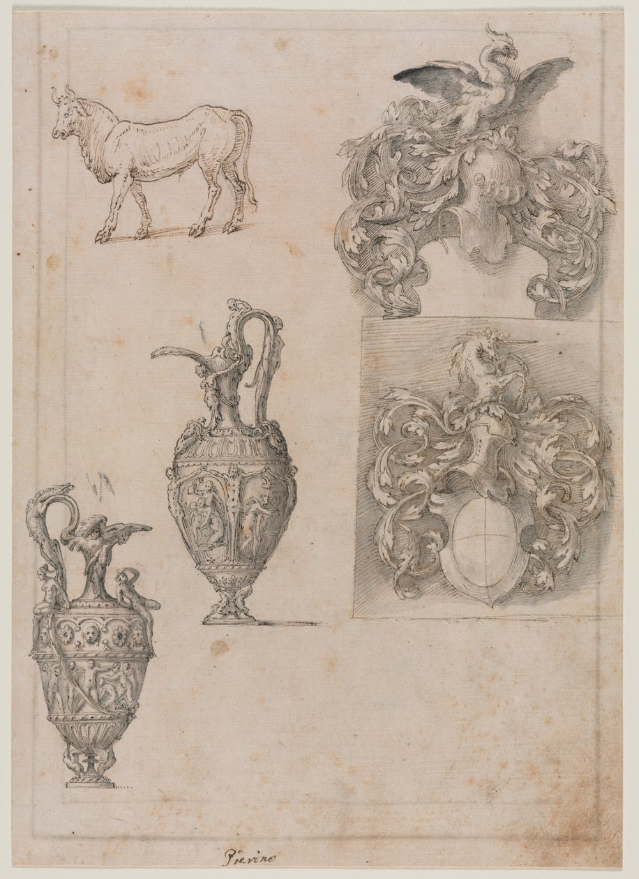 Desenho de dois vasos, dois brasões e um touro (frente) de Luzio Romano