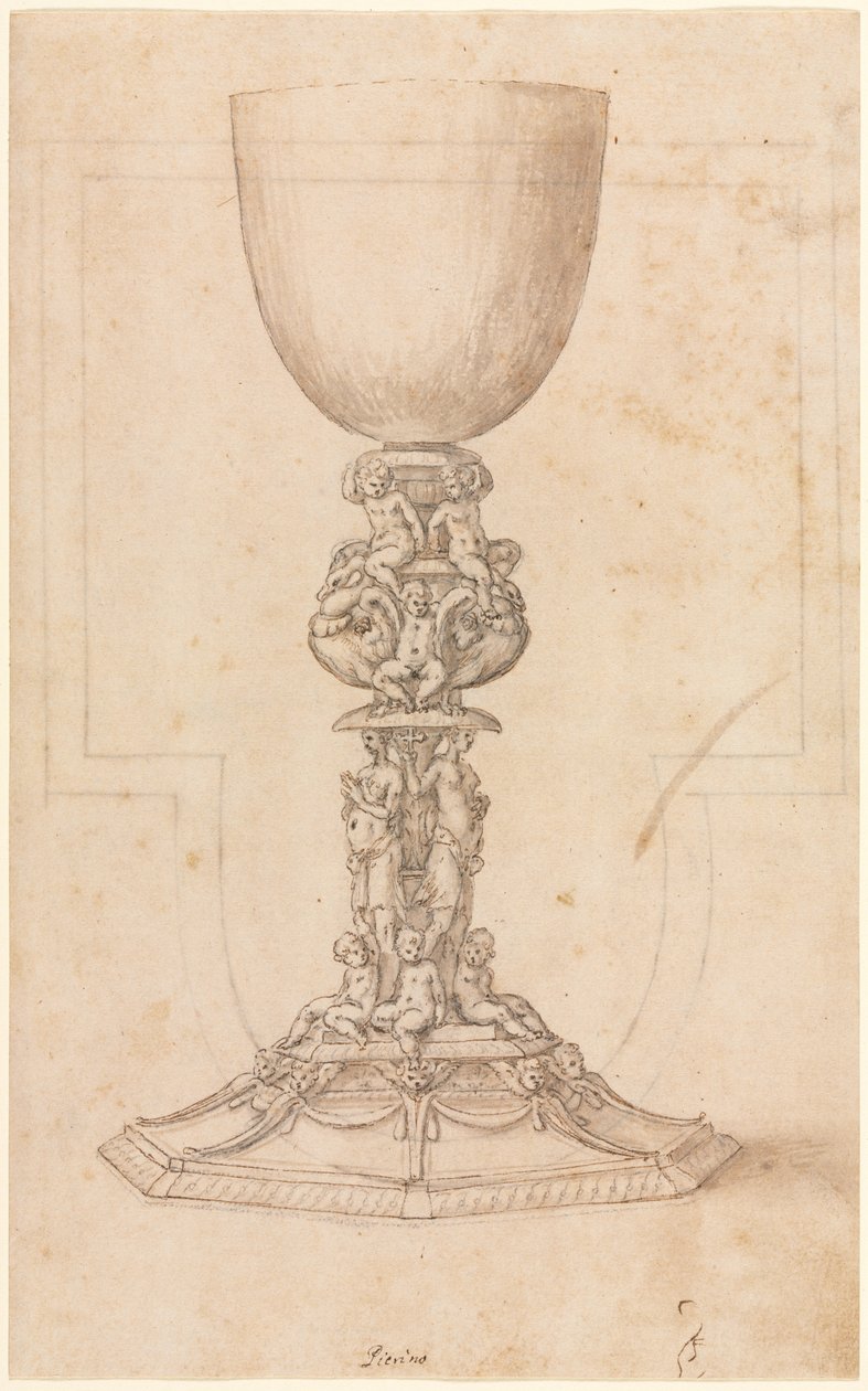 Projete para um cálice com o plano arquitetônico verso, meados dos anos 1500. de Luzio Romano