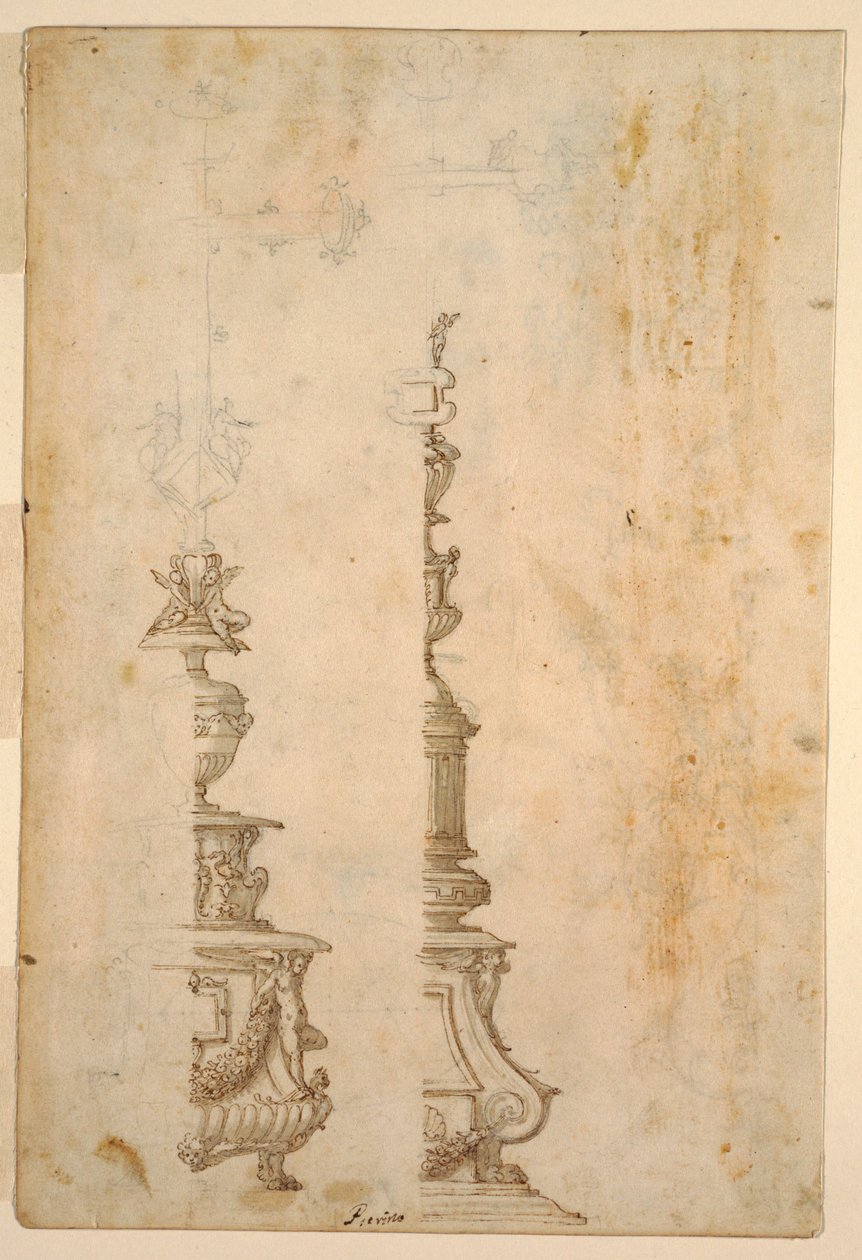 Dois Projetos para Bases Cruzadas de Altar; verso, Desenhos para cinco projetos de Luzio Romano