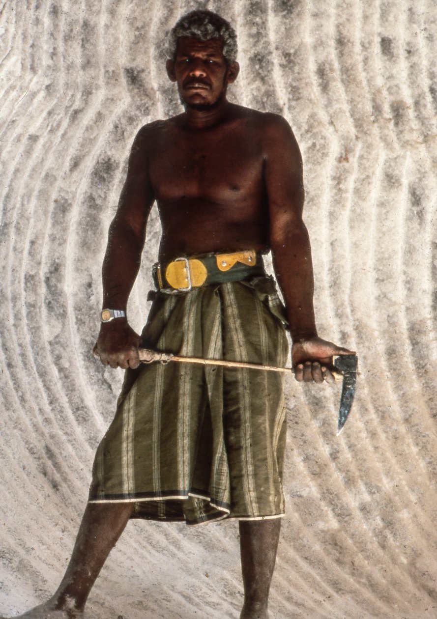 Homem iemenita segurando uma picareta de sal numa velha mina de sal na antiga cidade de Shabwah ak... de Lynn Abercrombie