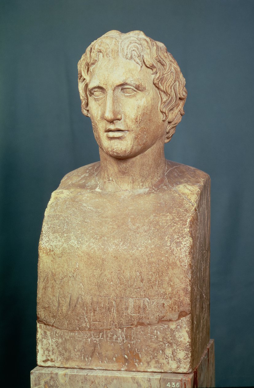 Busto retrato de Alexandre o Grande (356-323 AC) conhecido como eremita Azara, réplica grega do século IV AC original (mármore) de Lysippos (after)