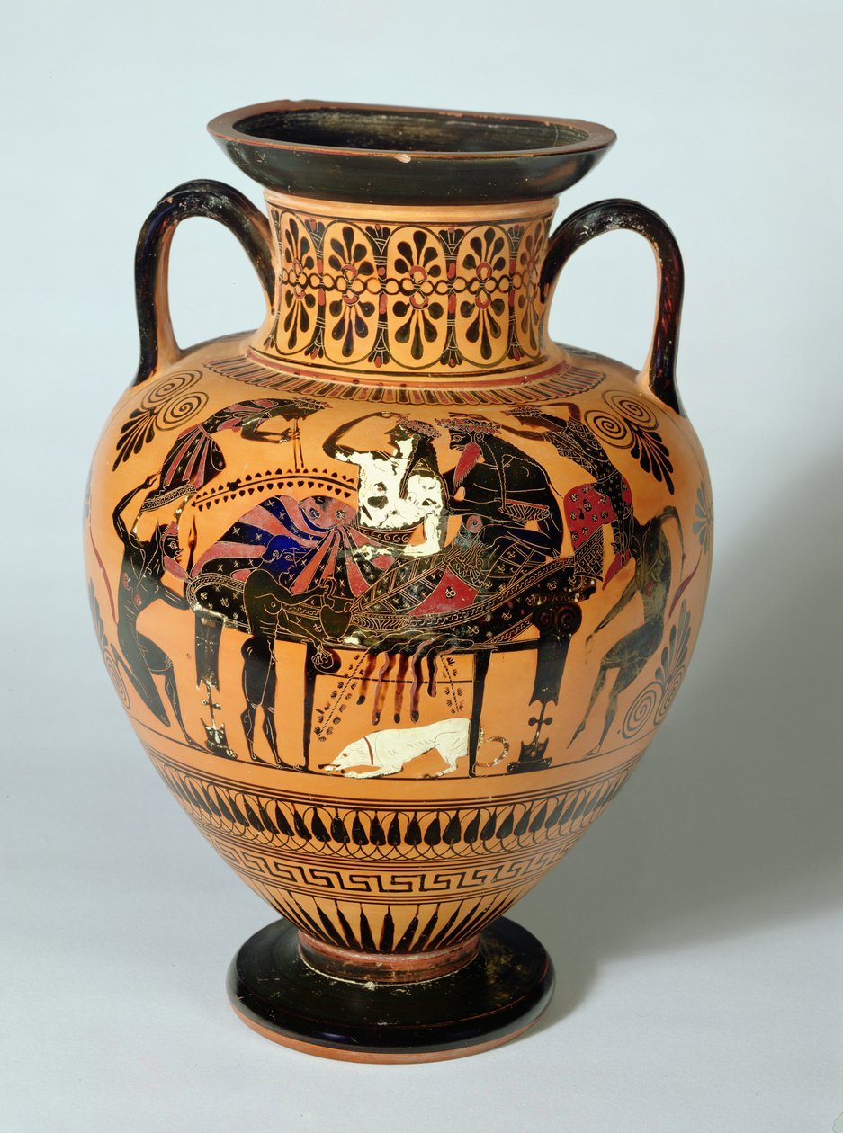 Ânfora de figuras negras representando Dionísio e Banquete de Ariadne, grego, 530-520 aC (argila) de Lysippos