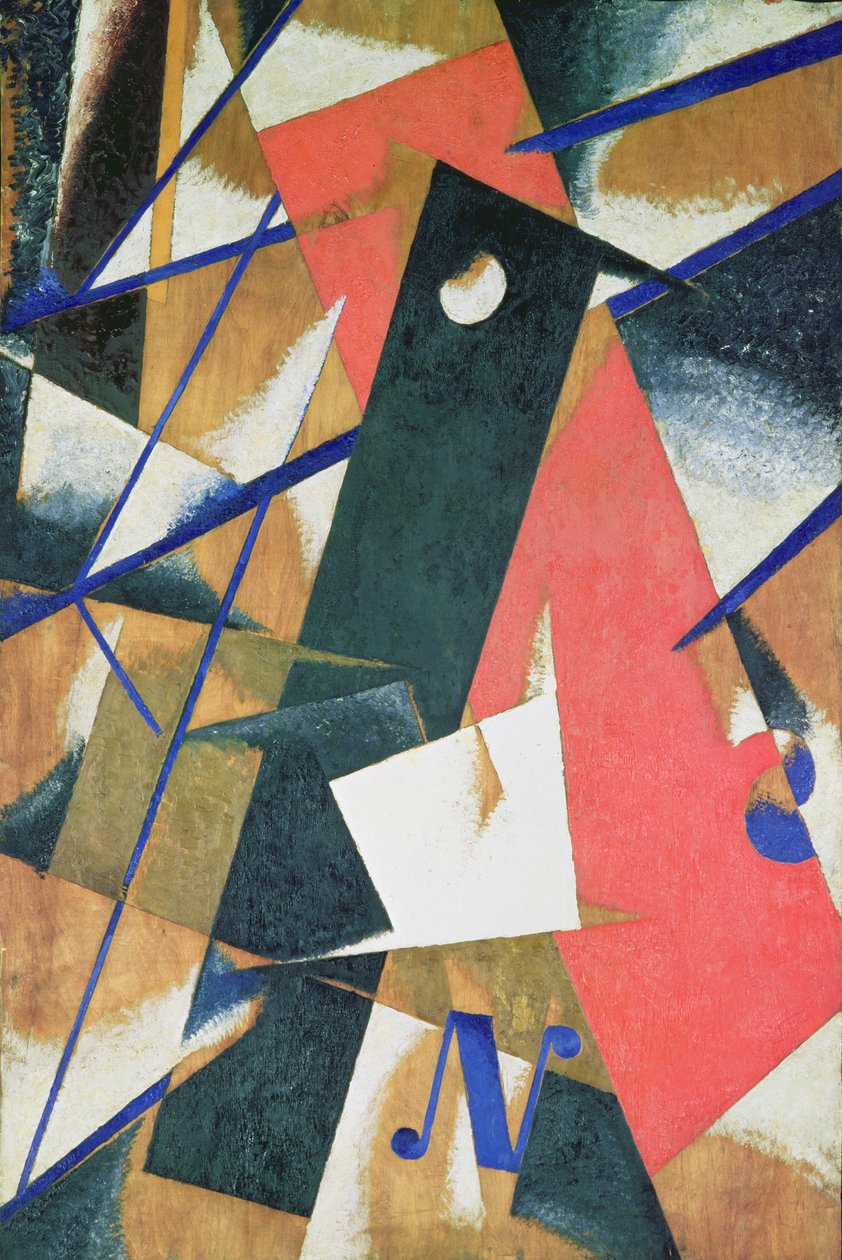 Construção da Força Espacial, 1921 (óleo sobre laminado com pó de bronze) de Lyubov Sergeevna Popova