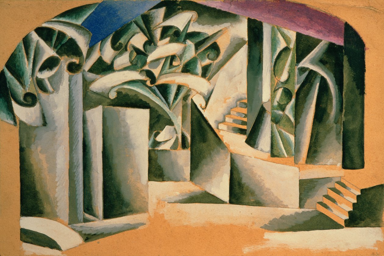 Design de palco para a peça de William Shakespeare &39;Romeu e Julieta&39;, 1920 (guache sobre papelão) de Lyubov Sergeevna Popova