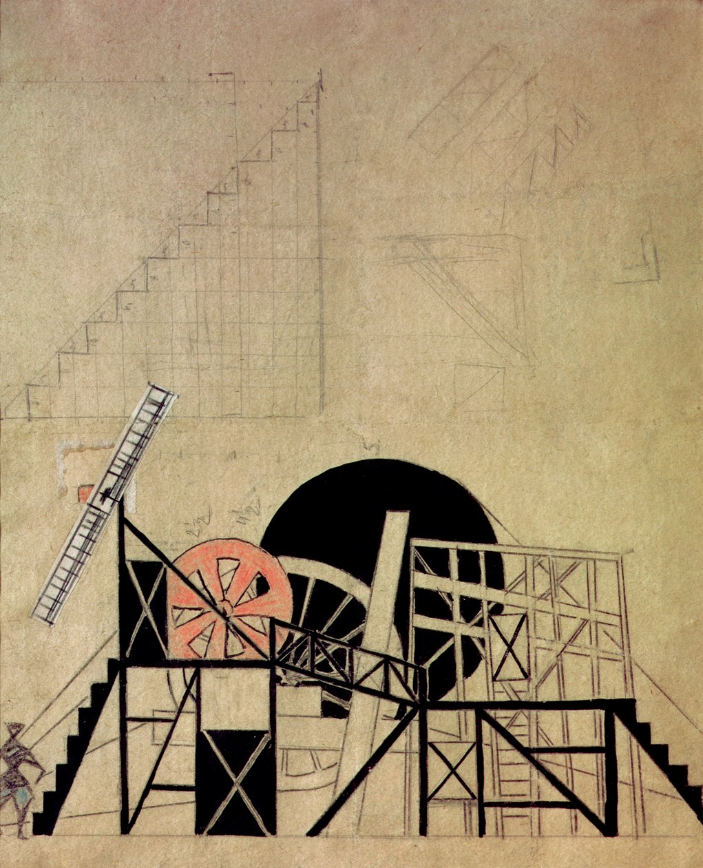 Cenário cenográfico para a peça &39;The Magnanimous Cuckold&39; de F. Crommelynck, Meyerhold Theatre, Moscou, 1922 (wc, nanquim, caneta e colagem de laca sobre papel) de Lyubov Sergeevna Popova